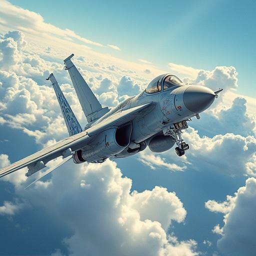 F-14 Tomcat fighter jet is flying in the sky among clouds. The style is comic-like with bright colors and dynamic lines.