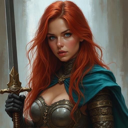 Young female paladin of Torm with orange hair. She wears chainmail armor. She holds a sword and shield. The setting is fantastical and realistic. Emphasizes a heroic and strong presence.