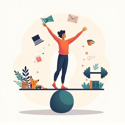 Illustration depicts a person balancing work home gym and personal life. The person stands on a balance beam happily. On one side show laptop coffee cup papers for work. On the other side show dumbbells and a yoga mat for fitness. Surround with elements like pet family photos books for personal life. Style is modern vibrant and slightly cartoonish. Mood is positive energetic and empowering.