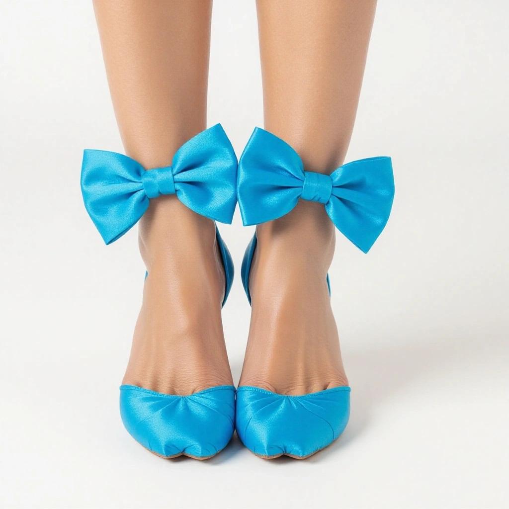 Close-up of women's feet in stylish blue high heels with large bows on ankles. Bright and cheerful appearance.