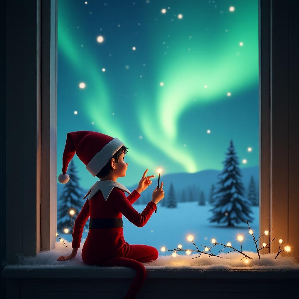 This image features an elf on the shelf sitting on a snowy windowsill, facing outside with his back to the viewer. He is using a wand to write 'Avianna' in the sky, under the enchanting glow of the northern lights. The exterior shows a picturesque winter landscape, filled with pine trees and twinkling stars. Inside, the warm lights from the decorations create a cozy holiday atmosphere. This magical scene merges the joy of the holiday season with childhood wonder.