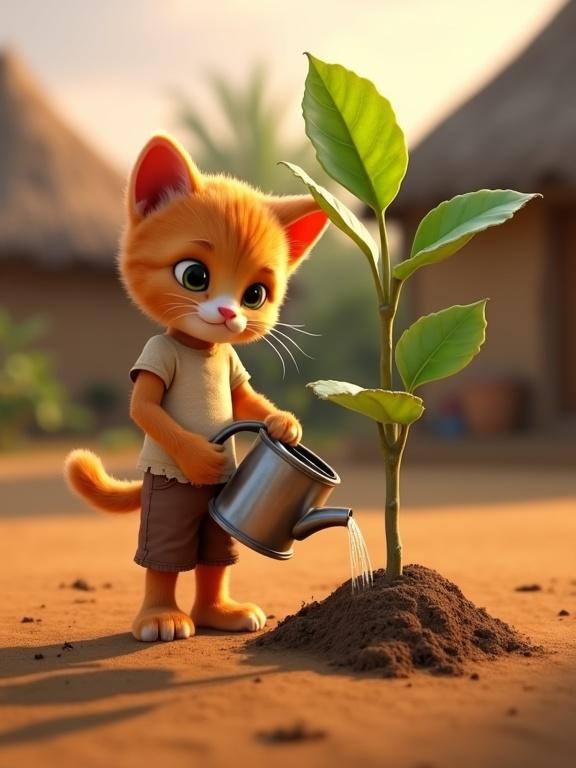 Pixar-style 3D animated scene featuring a cute ginger kitten watering a sapling. The kitten is wearing a torn t-shirt and shorts. The sapling is in a dry furrowed field with a small plastic cover at its base. Village huts are visible in the background. The scene is illuminated by warm light. The image is in a vertical format with a 9:16 aspect ratio.