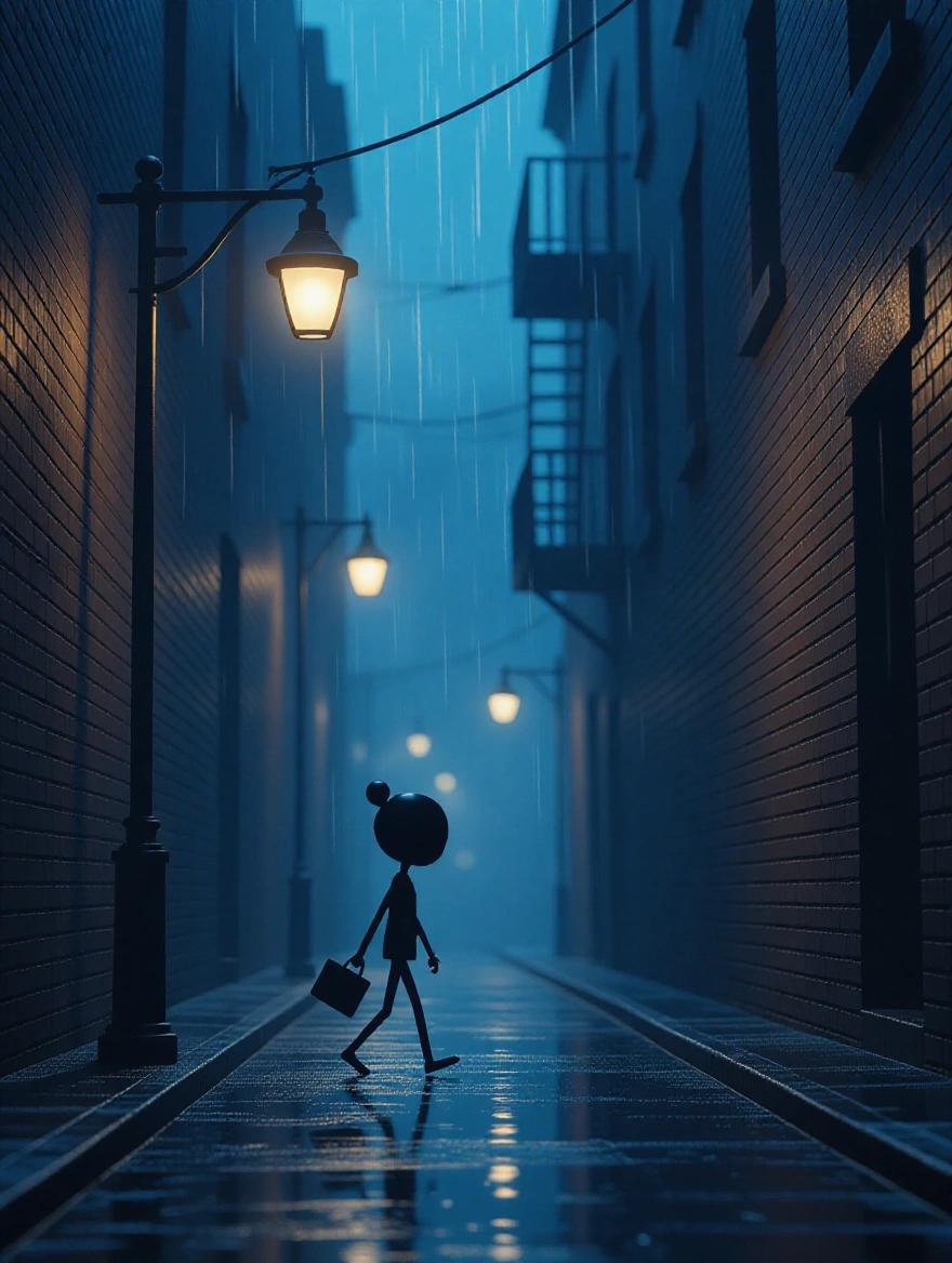 Silhouetted miniature stickman figure walking in rain-soaked alley. Cinematic Noir animation style. Moody lighting with high-contrast chiaroscuro. Flickering streetlight in urban setting reminiscent of Blade Runner and Edward Hopper.