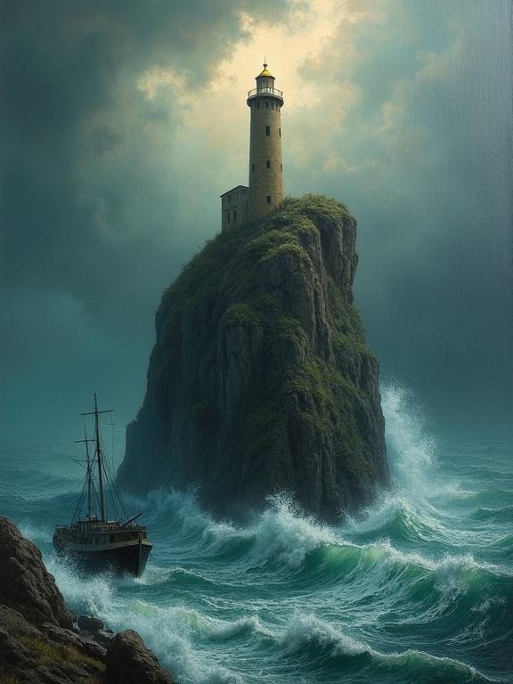 Oil painting featuring an old dirt lighthouse elevated on a high cliff during a violent storm. An old ship navigates through the choppy waves. The style reflects surrealism inspired by Zdzisław Beksiński.