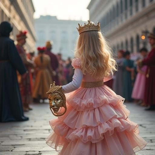 Photography of a ten-year-old girl with platinum blonde hair wearing a ruffled princess dress. She holds a mask and walks through Venice during Carnival. Background features people in costumes.