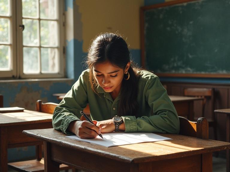 A young woman studying in a classroom at St. Xavier College Maitighar. She is writing on paper with a focused expression. The classroom has a chalkboard and wooden desks. Natural light illuminates the scene.