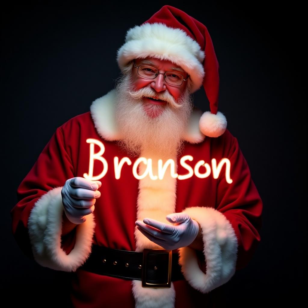 This image features Santa Claus wearing his traditional red and white suit. He is holding a glow stick that forms the name 'Branson' in bright light. Santa's expression is jolly, exuding warmth and holiday cheer. The background is dark, enhancing the glow of the text. This festive scene captures the magic of Christmas and the joy of the season.