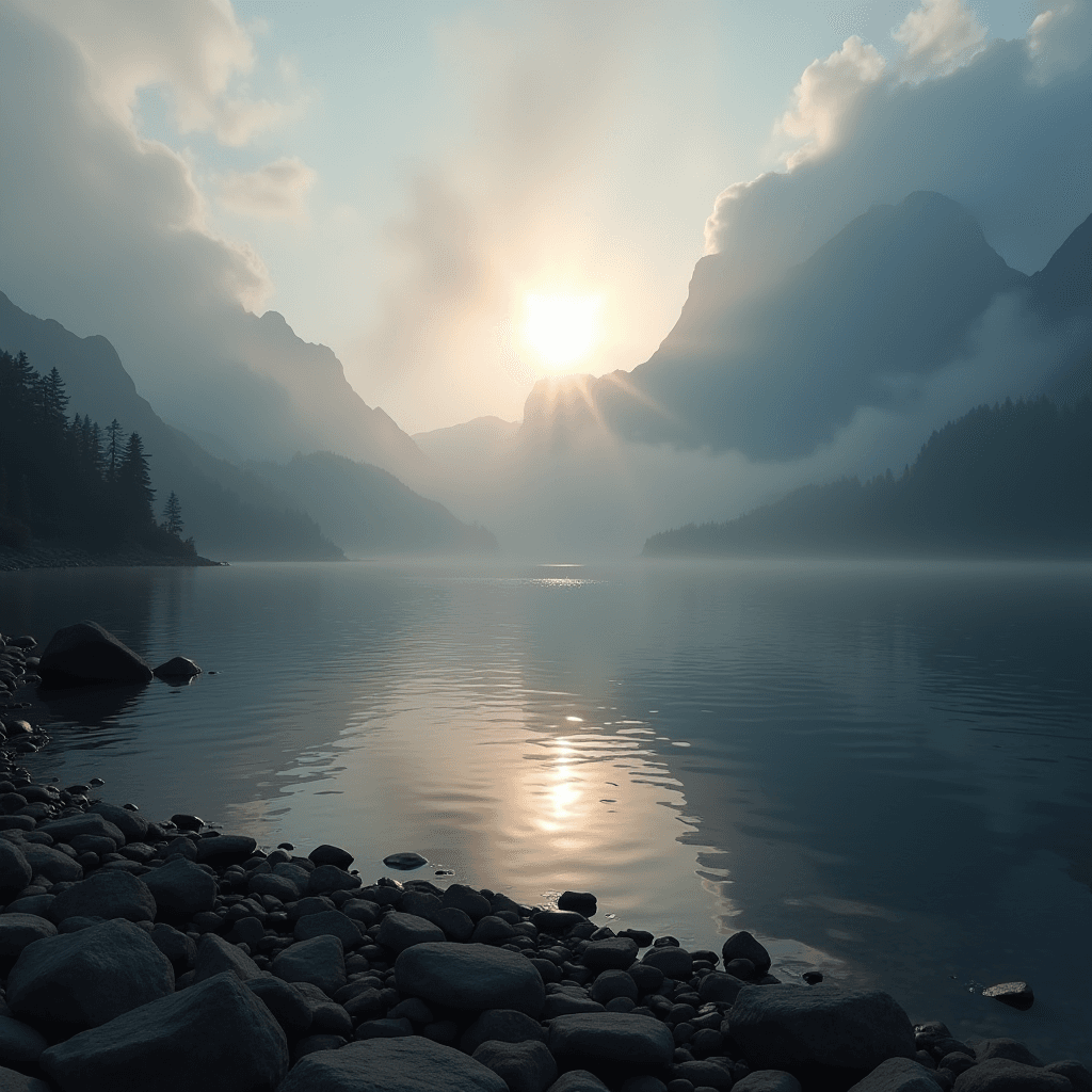 A serene sunrise over a misty mountain lake with a rocky shoreline.