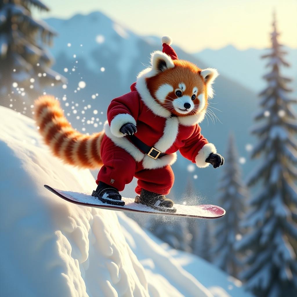 This image features a chubby baby red panda wearing a Santa Claus outfit, performing a snowboarding trick. The panda is soaring off a snowy half-pipe, surrounded by beautiful alpine scenery. Its fluffy body and round face make it irresistibly cute as it clings to the snowboard. An explosion of sparkling snow is kicked up beneath it, adding a magical touch to the scene. The sunlight makes the vibrant red of the outfit pop against the white snow, creating a whimsical holiday vibe.