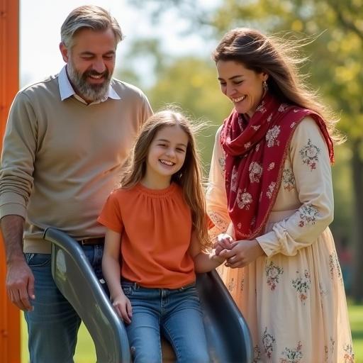 Image of family in park next to children's play equipment. Smiling father and mother with two young children. Bright sunlight illuminating faces. Boy on slide, girl holding mother's hand. Family wearing casual clothes in outdoor setting.