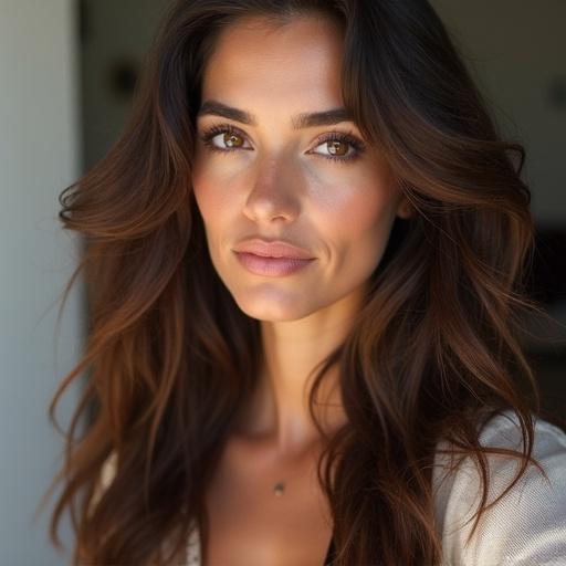 Close-up photograph of a beautiful Spanish woman taking a selfie. She has long, wavy hair and radiant skin. The background is softly blurred, highlighting her features.