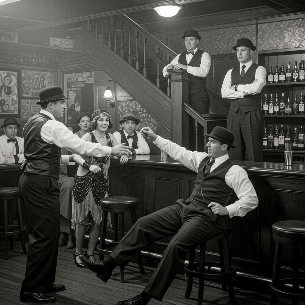Scene portrays 1920s speakeasy with bouncers managing rowdy patrons. Bar scene shows a bar manager observing. Cheering crowd is visible. The style is ultra-realistic.
