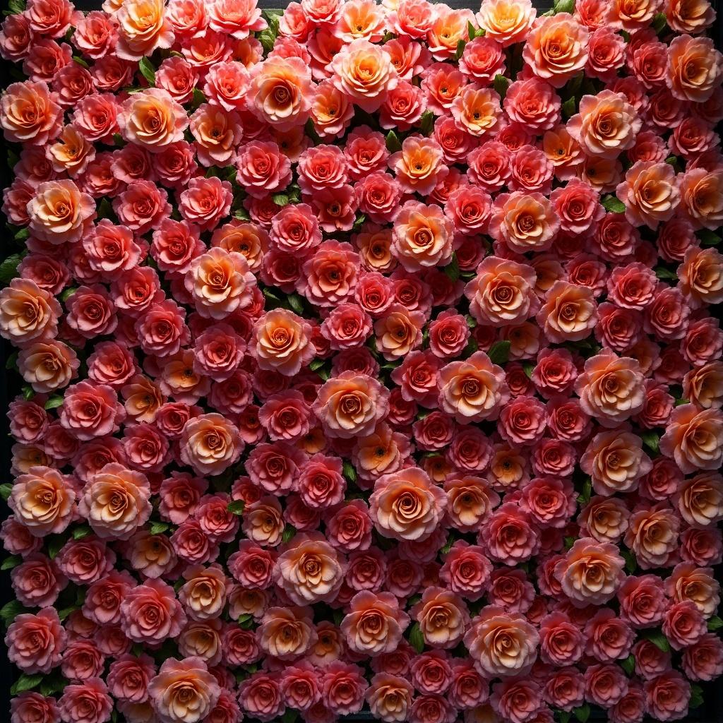 A wall covered with a dense arrangement of pink and peach roses. The flowers are richly detailed, creating a vibrant and romantic atmosphere.