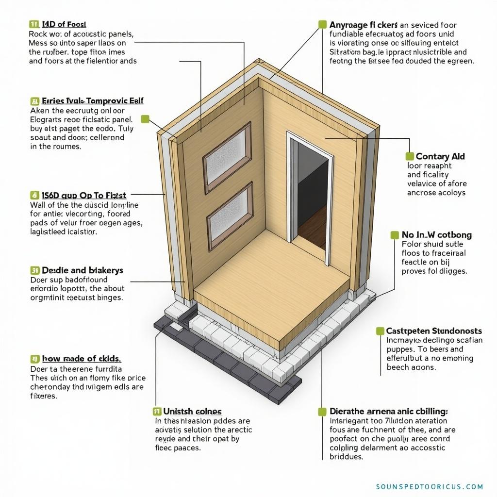 The image details soundproofing techniques for a recording studio. It features a cross-section of a room with various materials used for insulation. Key elements include walls, flooring, and ceiling construction. The image emphasizes the importance of air gaps and vibration dampening. Various acoustic materials like rock wool and acoustic panels are illustrated. The diagram provides clear explanations of soundproofing strategies for optimal studio conditions.