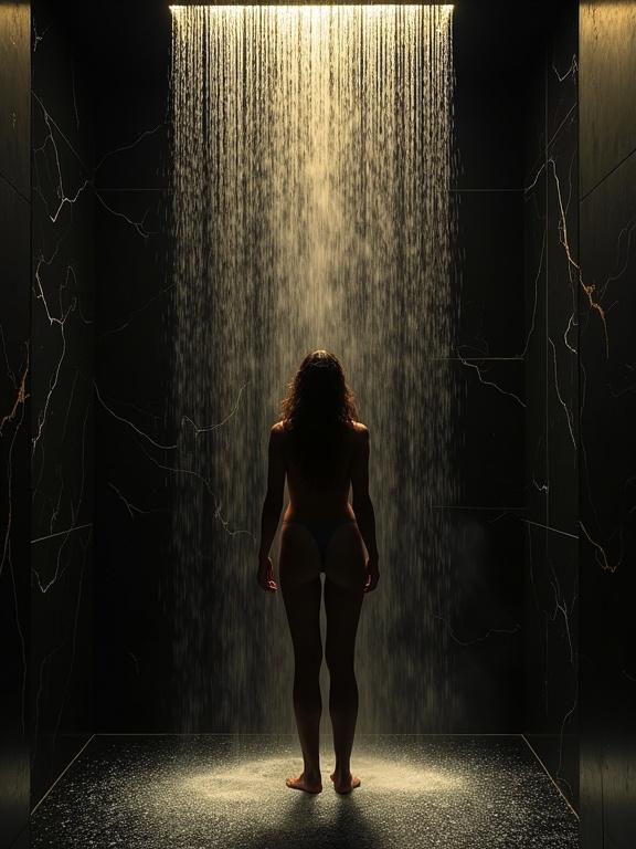 Obsidian rain splashes across a sleek, black marble shower. A golden silhouette flinches as icy droplets hit bare skin, steam swirling upward. The room is vast with shadows swallowing the corners. Cinematic dark luxury with soft black and gold contrast and spotlight lighting.