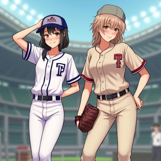 Girls in casual sports attire at a Japanese baseball stadium. Summer day. Focus on back views. Realistic style.