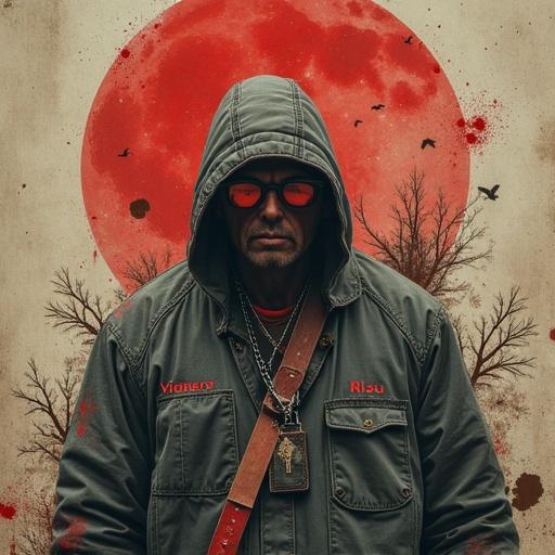 A character dressed in a hoodie and sunglasses stands against a large red moon. The scene includes dark trees, bloodstains, and an atmosphere of tension and mystery. The character exudes a sense of defiance and strength despite the ominous backdrop.