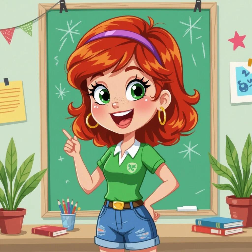 This image features an animated teacher in a classroom. The character has bright red hair and wears a green shirt and denim shorts. There are plants and school supplies in the surroundings, along with a blackboard in the background. The character is in a pose that suggests engagement or teaching.