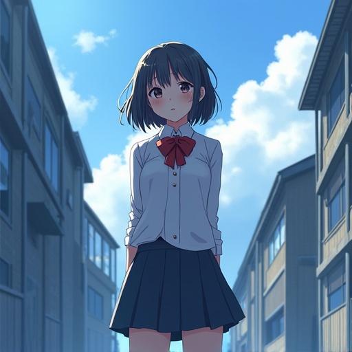 Japanese girl wearing a high school uniform stands on a street surrounded by buildings. Bright blue sky above.