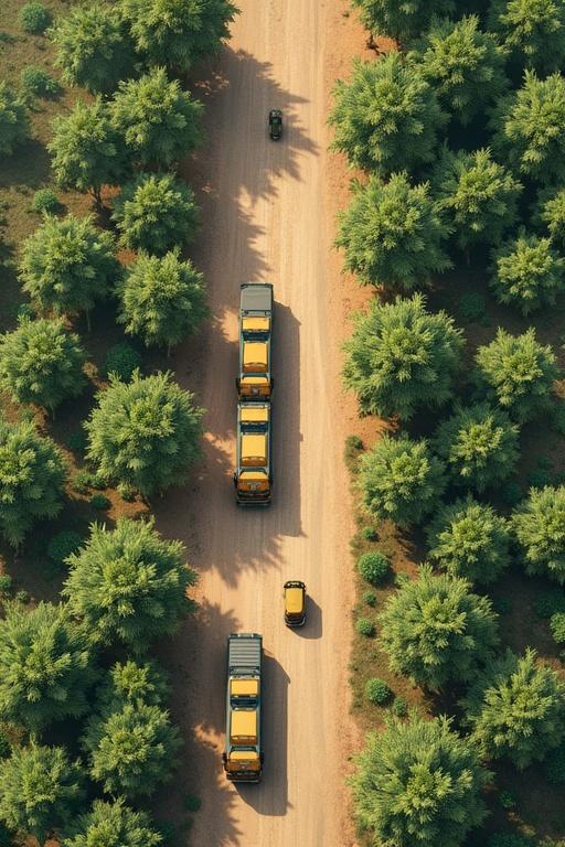 Aerial view showing a dirt road with trucks parked on both sides. Lush trees frame the road creating a vibrant green landscape. The scene suggests a mix of agricultural planning and traffic flow, emphasizing rural land use.