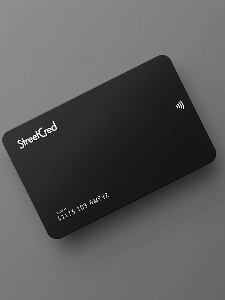 Sleek black credit card against gray background. Text 'StreetCred' displayed in modern font. Card number and contactless payment symbol visible. Conveys a sense of sophistication and modern banking.