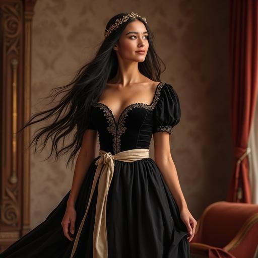 A woman embodying a medieval fantasy queen. She has glowing skin and long flowing dark hair. Delicate golden circlet on her head. Elegant dark velvet fitted bodice with subtle embroidery. A light silk sash is loosely wrapped around her hips. She is in a dynamic throwing pose with graceful torso twist. A pillow is mid-air with light motion blur. The setting is a medieval fantasy bedroom with warm colors and velvet drapes. Soft warm lighting creates a gentle shadow. The overall atmosphere is graceful and refined.