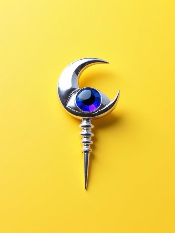 A silver crescent moon brooch with a central eye. The upper eyelid is thick, the lower contour is thin. The iris is a polished gemstone, either sapphire blue or violet. A long telescopic needle pierces through the eye's center. The brooch is shiny silver, on a plain yellow background.