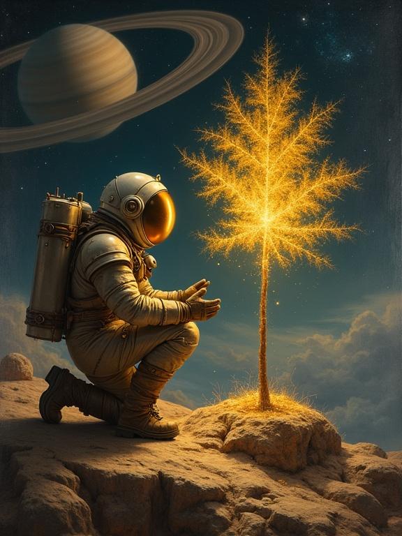 An oil painting in 17th-century style depicts an astronaut planting a glowing tree on an asteroid. The astronaut wears a bulky, antique-style space suit. The tree emits a golden light. The asteroid is rocky and pitted in space. Saturn's rings are in the background. The scene has dramatic lighting with rich textures. The composition follows classical balance.