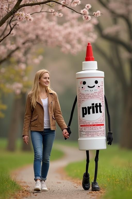 Blonde woman in casual clothes walking with an anthropomorphic glue stick in Hyde Park during spring. The glue stick is cylindrical with a 'pritt' label and cartoonish face. They are holding hands and appear affectionate.