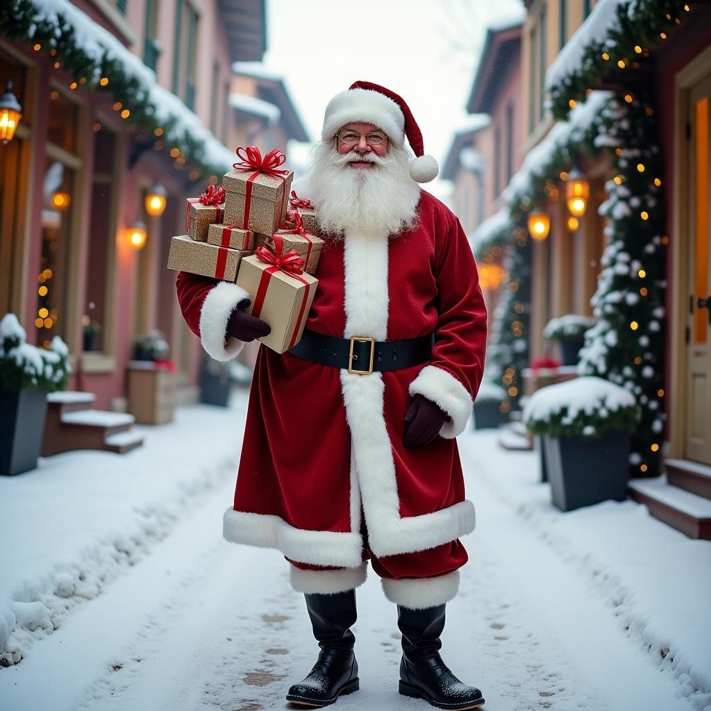 Santa Claus in traditional red and white attire with black belt and boots. Holding lots of gifts. Snowy street with charming buildings. Soft winter light creates warm glow. Cheerful festive scene for holiday season.