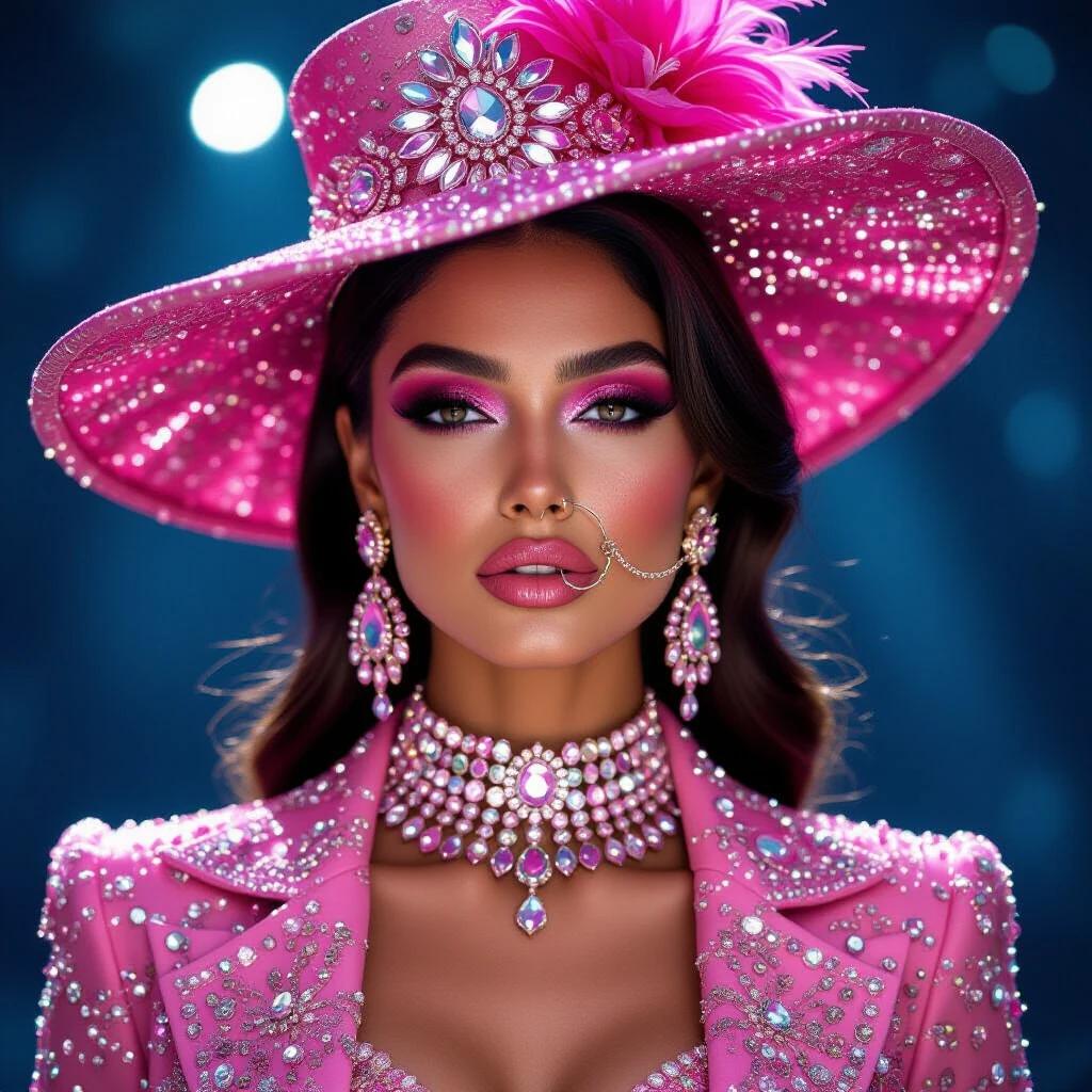 Striking figure in sparkling pink outfit and embellished hat with glittering stones. Bold pink makeup highlights features. Delicate nose ring with chain adds elegance. Soft lighting enhances regal ambiance against dark background. Confident expression and graceful posture. Glamour and sophistication in fashion setting.
