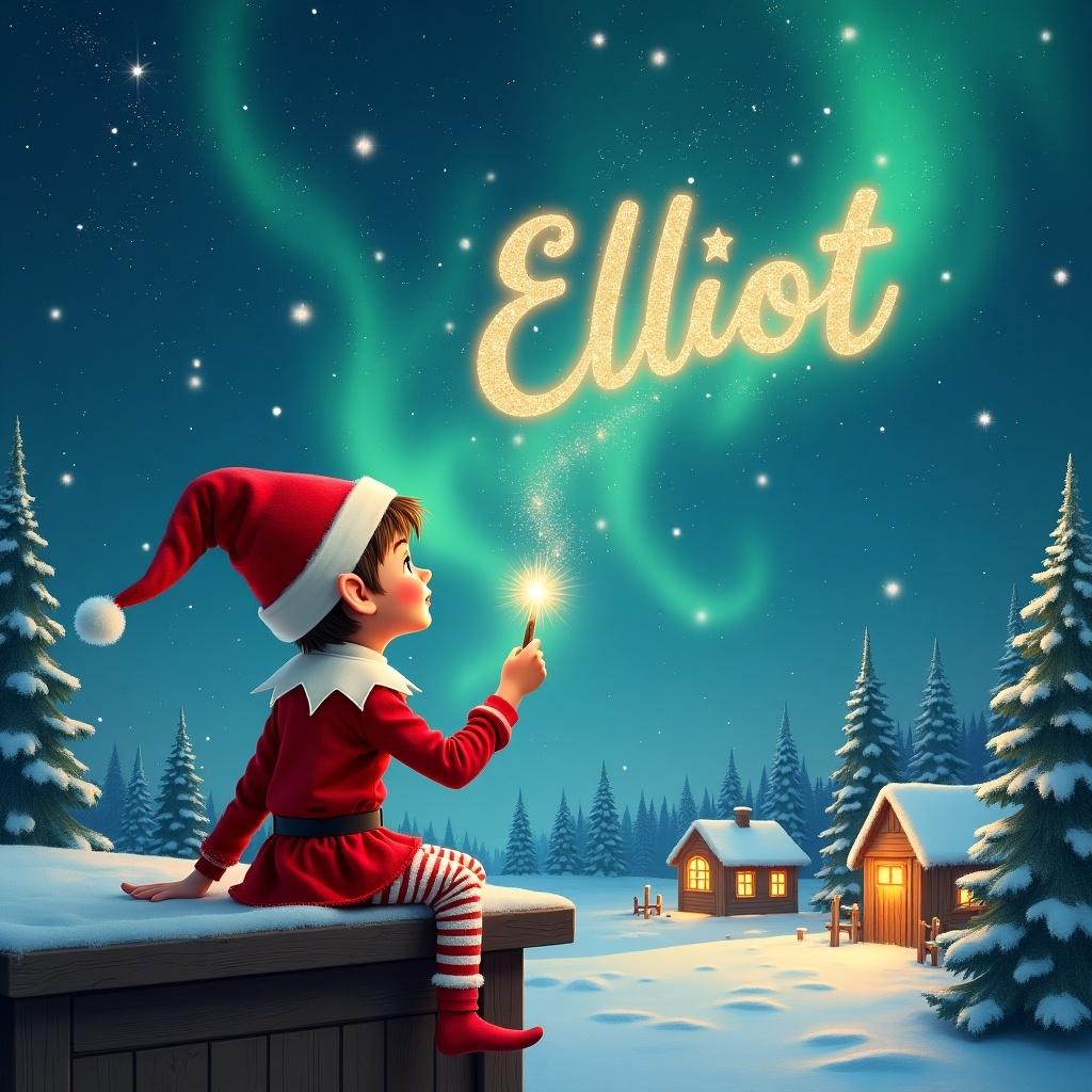 An elf sits on a wooden ledge, with its back to the viewer, gazing at a magical sky. Dressed in a vibrant red outfit and a pointed hat, the elf holds a glowing wand. The elf uses the wand to write the name 'Elliot' in shimmering letters against the starry backdrop. Below, a charming snowy landscape features little houses and evergreen trees, all illuminated by the enchanting Northern Lights. Additionally, the elf adds the names 'Natasha' and 'Melissa' to the sky, creating an atmosphere rich in childhood magic and Christmas spirit.