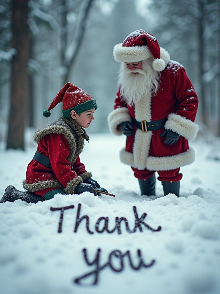 Santa Claus and an elf in the snowy woods writing thank you in the snow