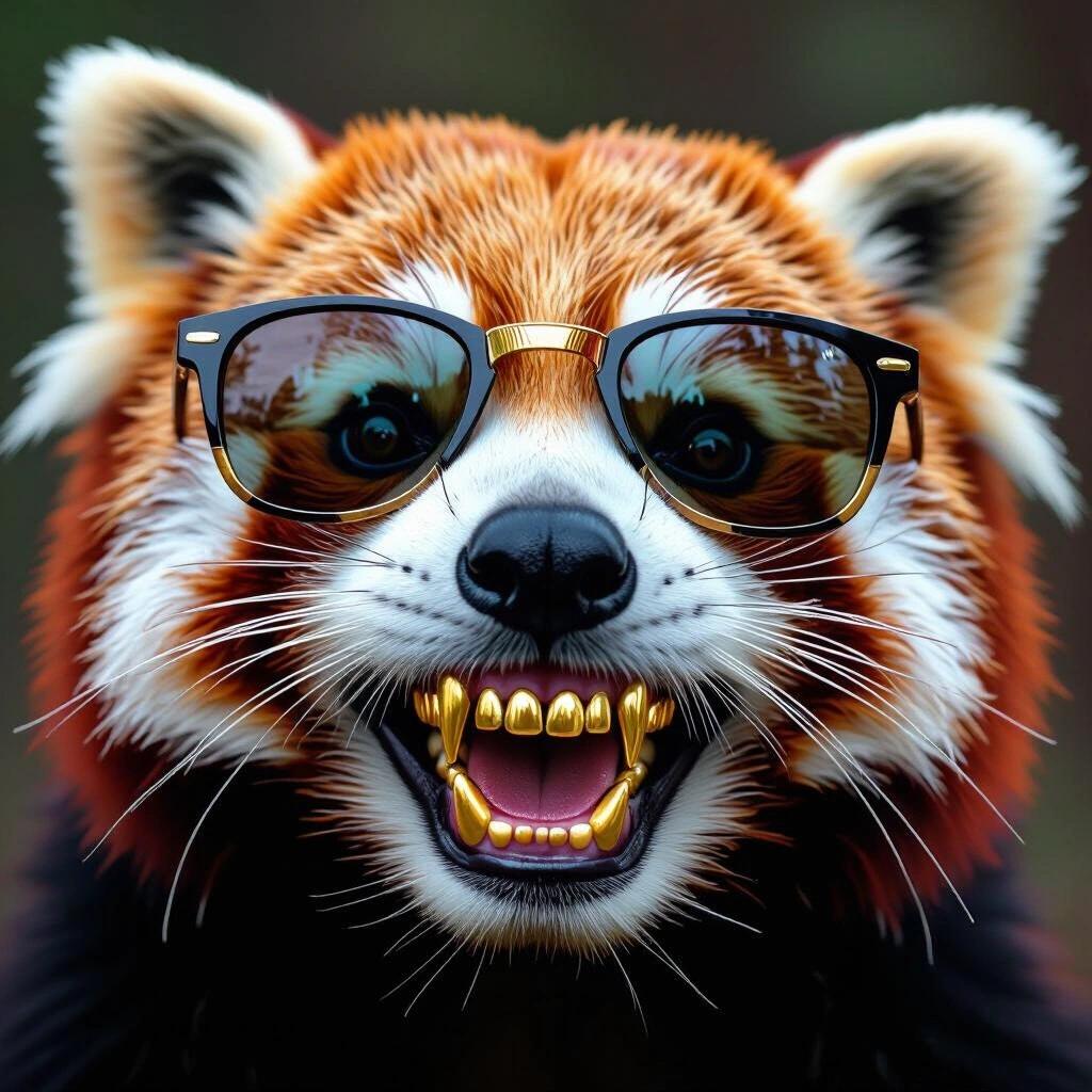 Dark scene depicting a smiling red panda with all gold teeth wearing sunglasses and a Tyson face tattoo.