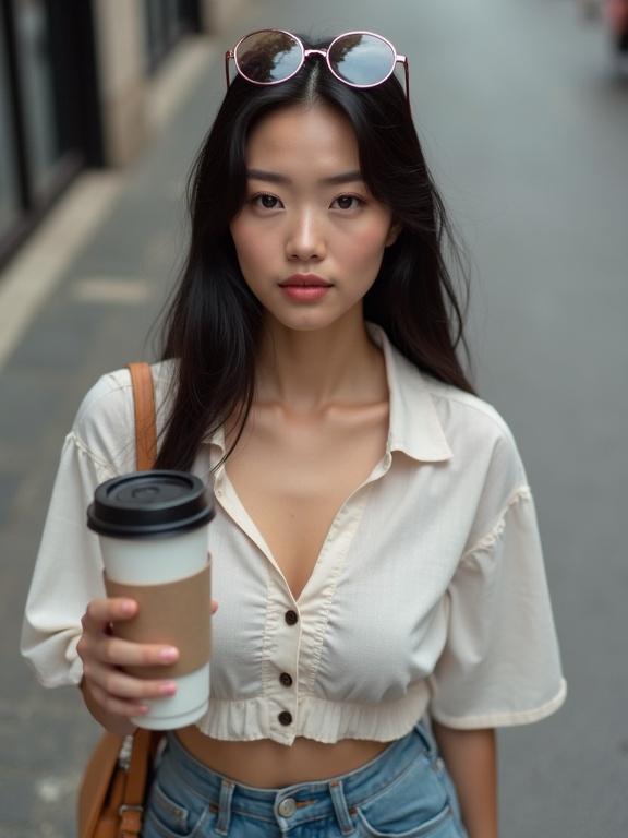 Beautiful Asian woman in a crop top walking on the street. She holds a coffee cup. She has a very attractive face and is dressed casually. A view from eye level on a sunny day.