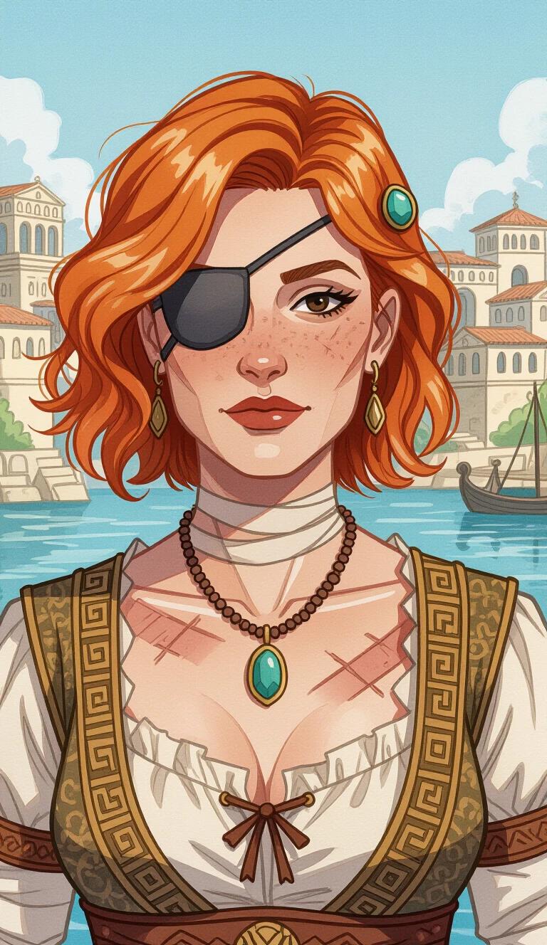 A dark watercolor illustration features a female character with short strawberry blonde beach-waves. She has brown eyes with one eye covered. Scars on chin and neck. Bandages cover her chest. An ugly necklace with one stone adorns her. The background shows an ancient Grecian fantasy city. She is dressed in fantasy ancient Greek style clothing. This is a Dungeons and Dragons portrait.