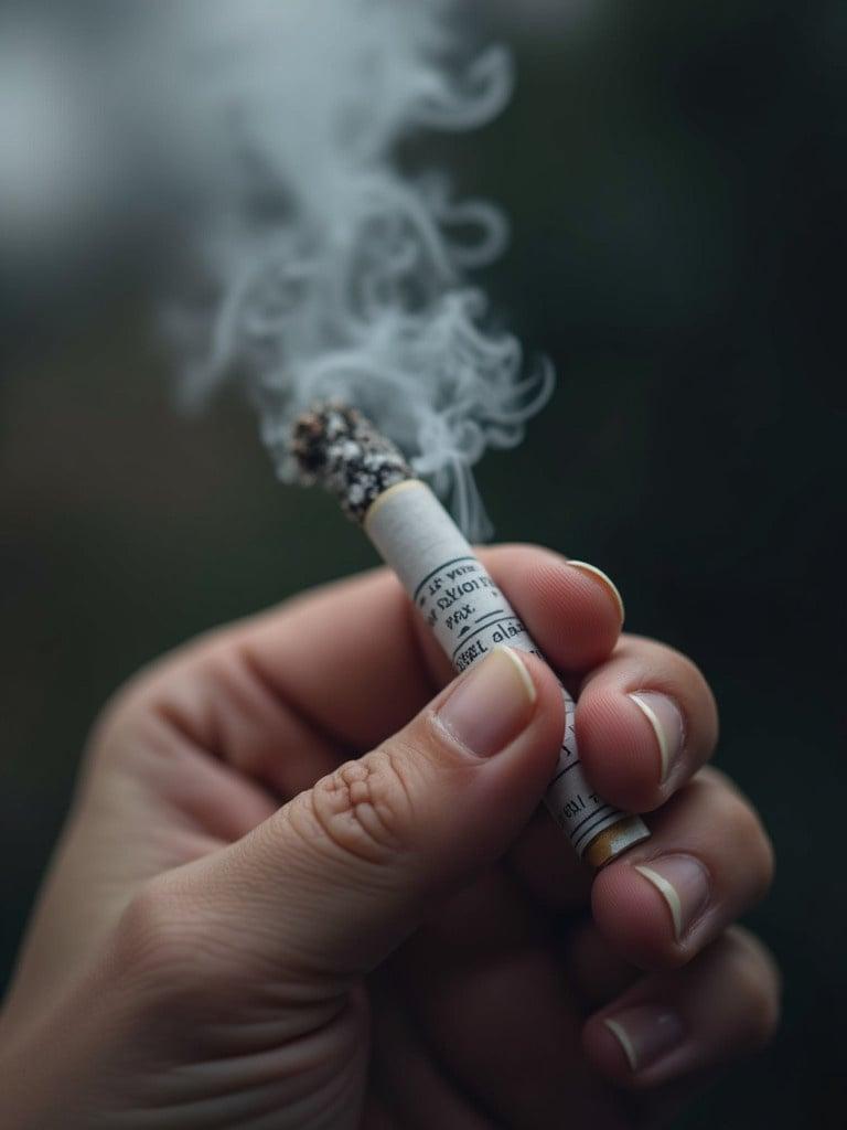 A close-up shot of a hand holding a cigarette with smoke coming off it. The background is blurred to emphasize the cigarette and hand. The image conveys the act of smoking.