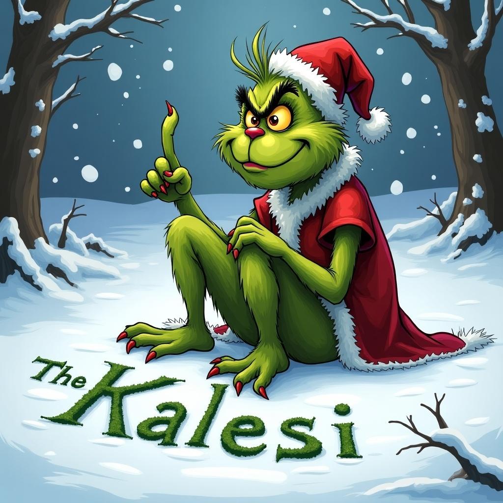 Grinch character sits in snow and writes Kalesi in snow with finger. Grinch appears mischievous and festive in winter setting.