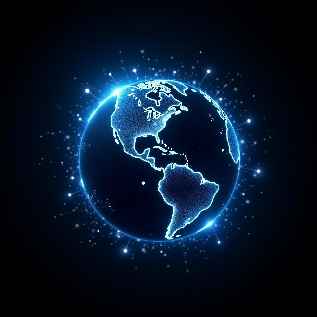 Glowing representation of Earth rendered in digital style. Planet surrounded by dynamic blue and white dots representing connectivity and data points. Background is deep black enhancing glow and focus on globe. Emphasizes modern technology and global networks. Suitable for tech-oriented presentations and global discussions.