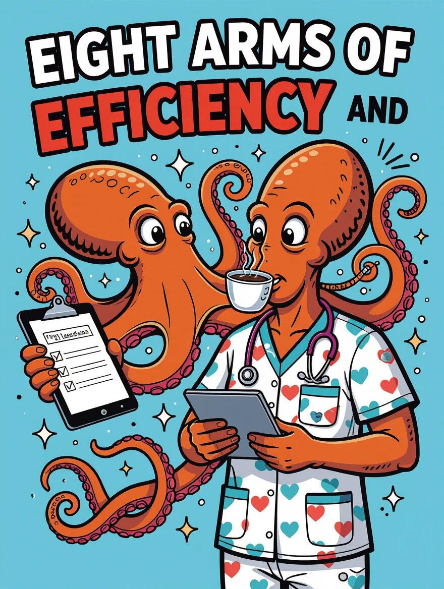 Octopus measuring BP with one arm taking temperature with another typing vitals into a tablet while sipping coffee. Wearing bright scrubs with a vitals-print pattern. Energetic vibrant vector design with a transparent background.