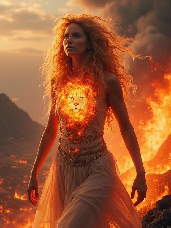 Powerful woman standing in a fiery volcanic landscape. Lioness bursts from her chest. Vibrant dynamic futuristic style. Long curly hair. Emanating strength and wild spirit.