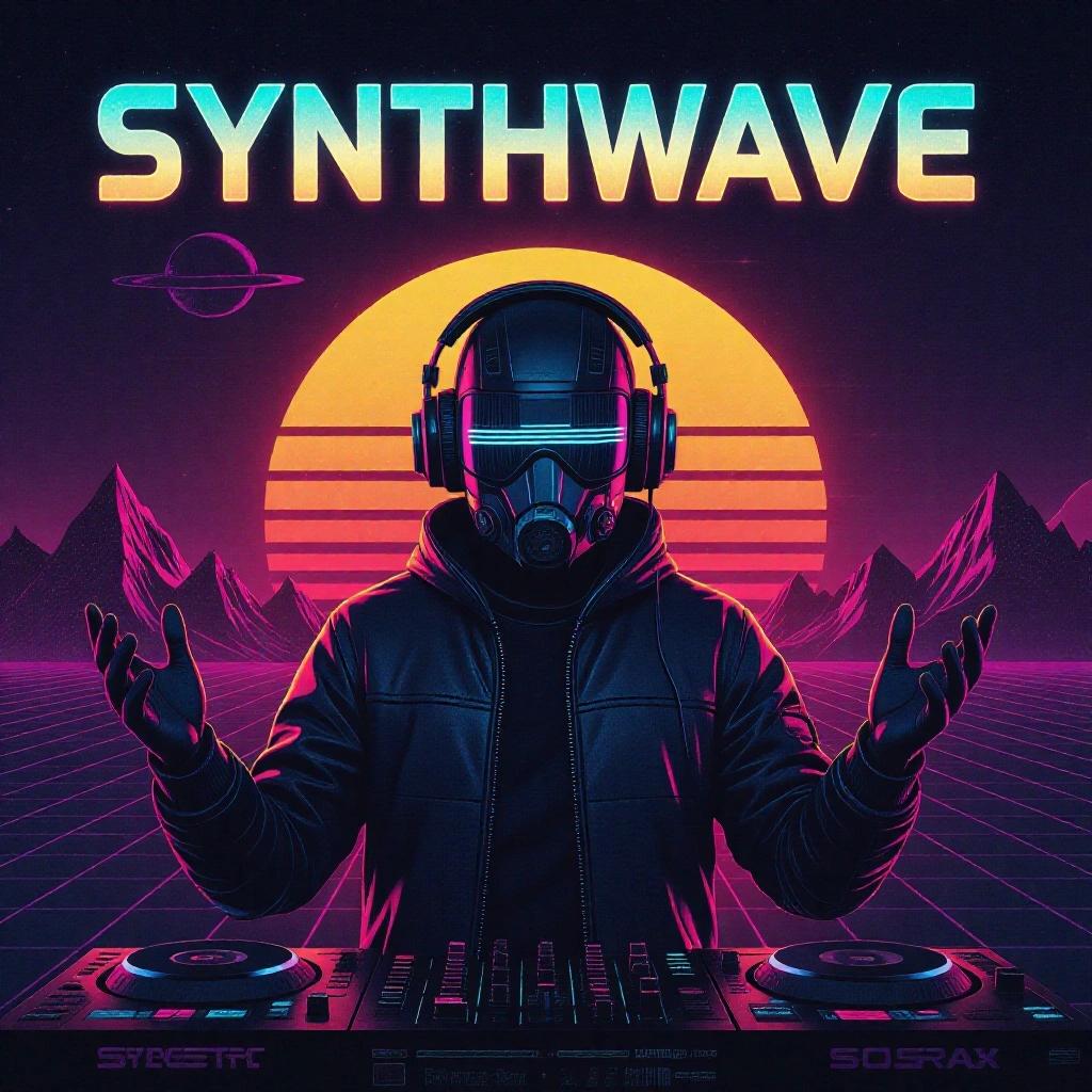 Artistic album cover featuring the text Synthwave and DJ Retrotronixx. A futuristic DJ figure stands at a mixer surrounded by neon lights. Background features mountains and a sunset in synthwave style.