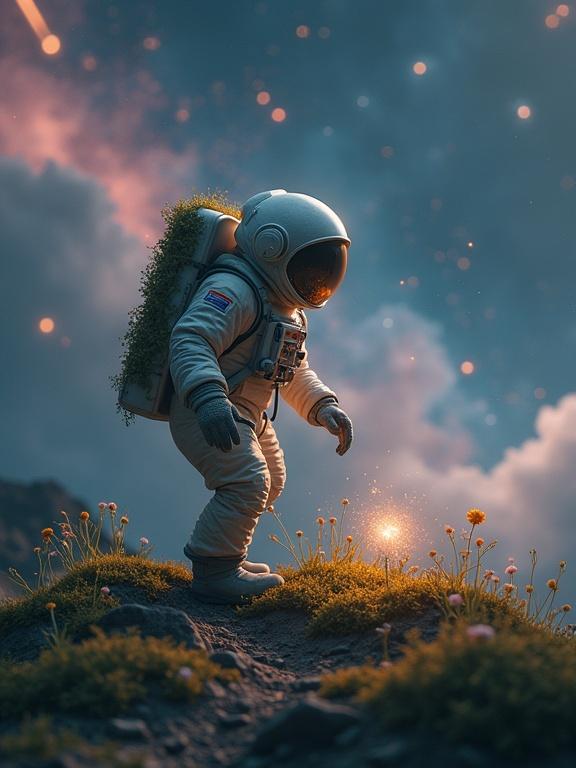 Astronaut in space planting glowing seeds. The garden features tiny stars transforming from seeds. Spacesuit shows moss and flowers. Background includes nebulae and distant planets. Comets leave trails in the sky.