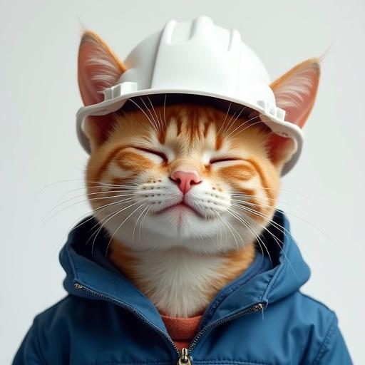 A semi-realistic cat with relaxed expression and soft smile. Cat wearing a white hard hat and blue work jacket. Eyes closed and head tilted slightly.