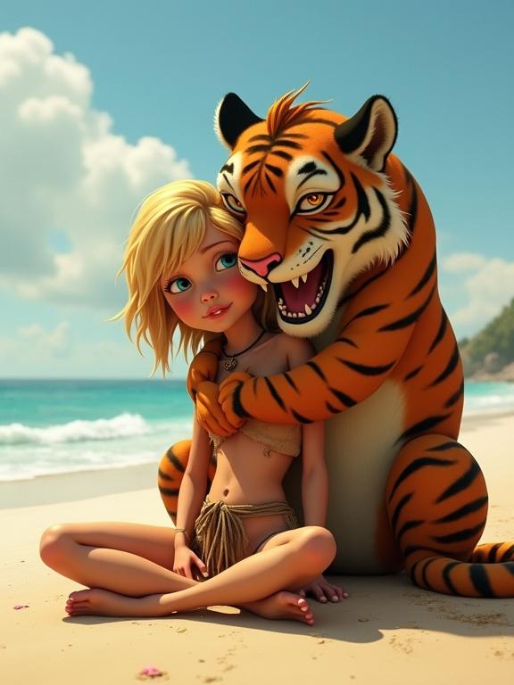 Pixar cartoon of a young beautiful skinny tribal woman sitting on the beach. Her hands are spread on the ground. She wears a tattered loincloth. A big fantasy tiger-like creature stands beside her, hugging her. The setting is sunny and colorful with a beach in the background.