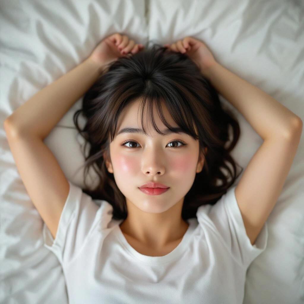 Overhead view of a girl laying face-up on a bed with arms above her head. She has a timid expression and a slight blush.