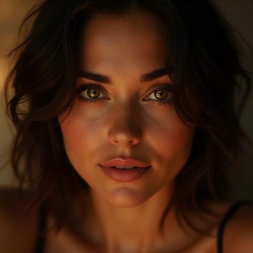 Close-up portrait of an alluring woman in mid-20s. She has captivating eyes and a subtle smile. Softly illuminated by warm, dim lighting. Gentle shadows accentuate her cheekbones and jawline. Slightly tousled dark hair. Few strands catching light. Expression is intimate and inviting. Background is blurred, suggesting a cozy setting. Hyperrealistic style with shallow depth of field.
