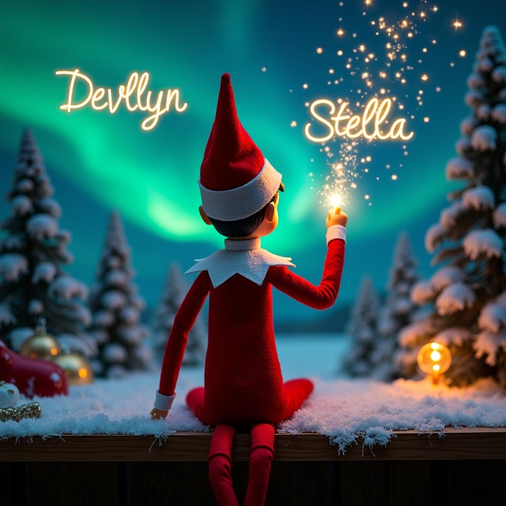 An enchanting Christmas scene with an elf on the shelf is the centerpiece. The elf, dressed in red and white, is sitting with its back to the viewer. It is holding a magic wand and writing 'Devlyn' and 'Stella' in glowing script in the air. The backdrop features vibrant northern lights that create a magical ambiance. The setting is adorned with snow-covered trees and holiday decorations, adding to the festive spirit. The overall atmosphere evokes a sense of wonder and excitement that captures the joy of the holiday season.