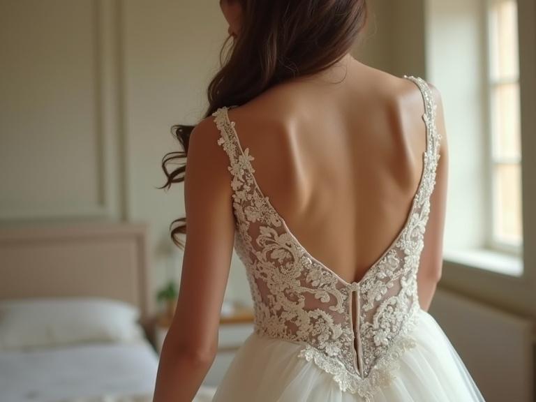 Bride in elegant wedding dress with intricate details. The focus is on the back of the dress, showcasing its beautiful design. Soft lighting fills the room, creating a romantic atmosphere.