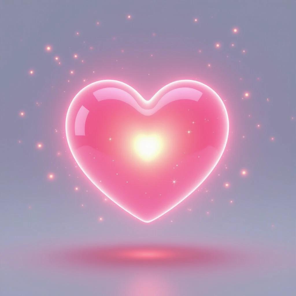 A pink heart floats in the air glows softly surrounded by light sparkles sparkly atmosphere white background